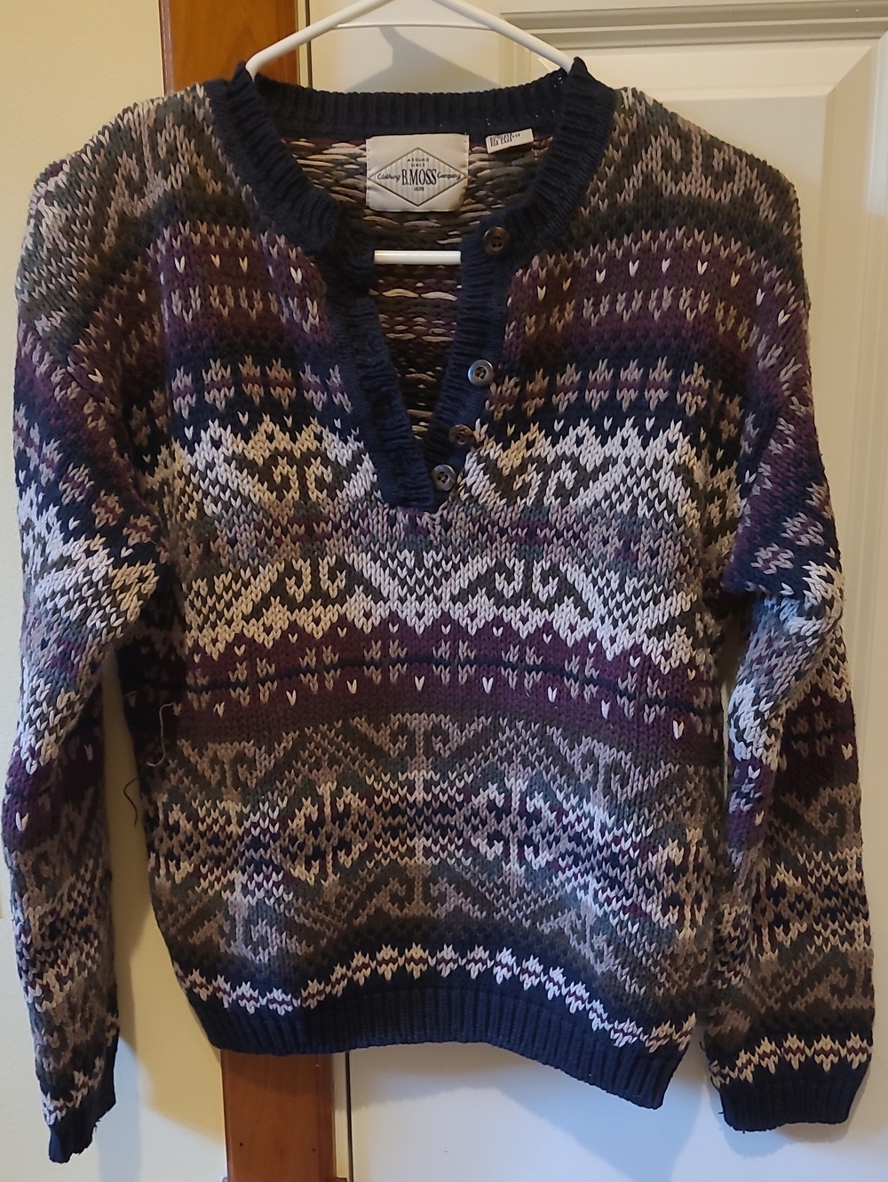 Tailor B. Moss Purple and Gray Fair Isle V-Neck Button Sweater